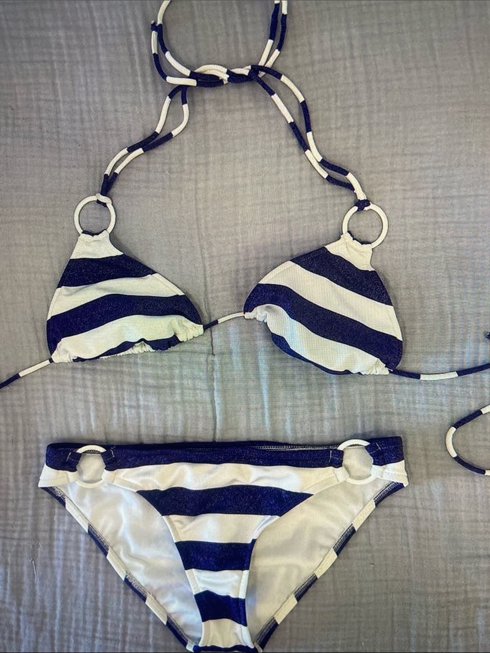 Xhilaration Navy and White Striped Triangle Bikini